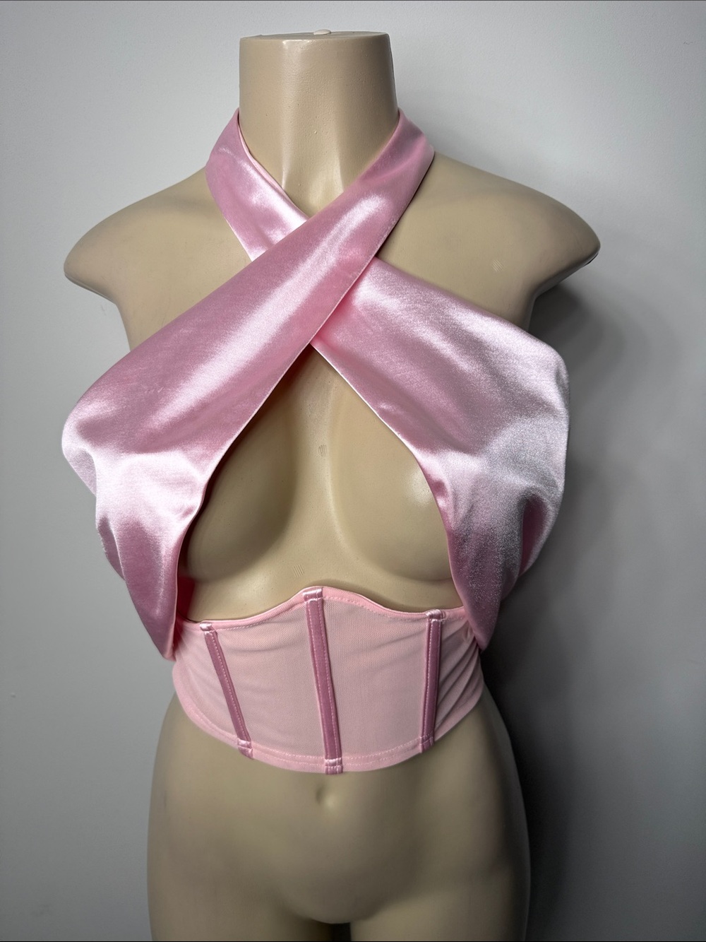 Satin Pink Crisscross Halter Crop Top